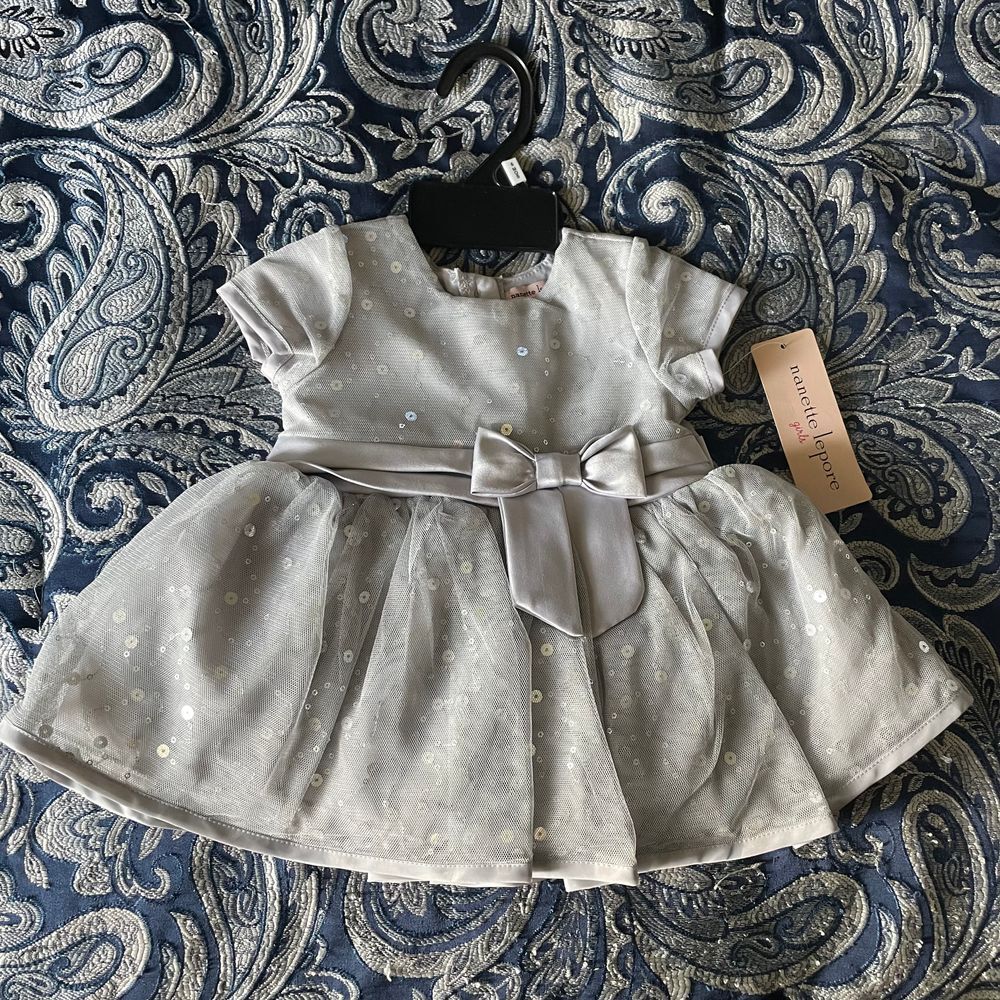 Nanette Lepore girl Elegant sequin tulle silver 6 month Baby Dress with Bow‎
